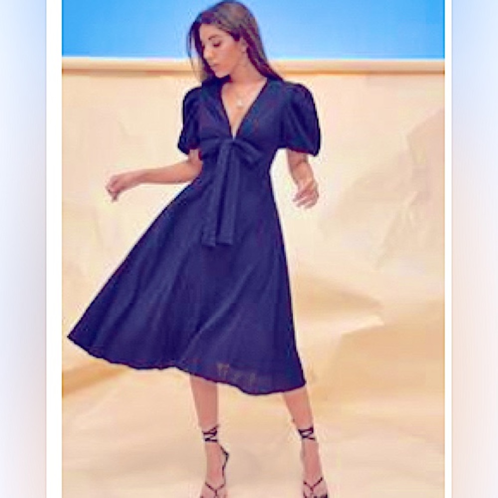Black Bow Tie Front Puff Sleeve Dress Size M